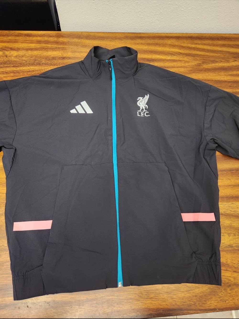 adidas Black Lightweight Liverpool FC Jacket with Teal Zipper and Pink Accents